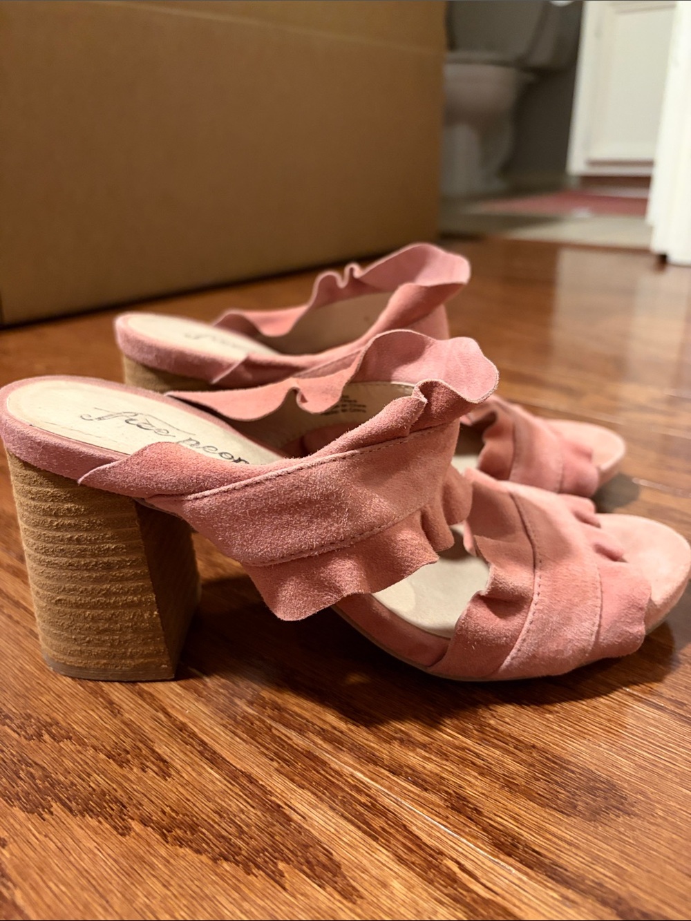 Used Free People Ruffled Pink Block Heel Mules - Picture 8 of 11